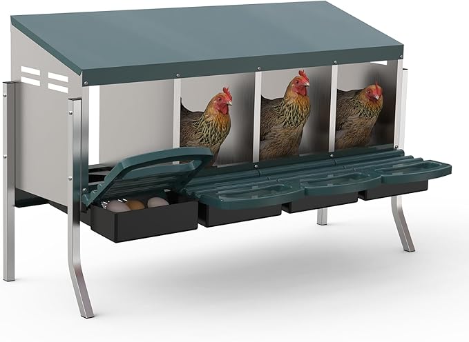 Chicken Nesting Boxes, 4 Hole Metal Rollaway Nest Box for Laying Hens with Cleanable Pull-Out Trays Wall Mount or Placed Design for Easy Egg Collection & Cleaning(Includes Legs)
