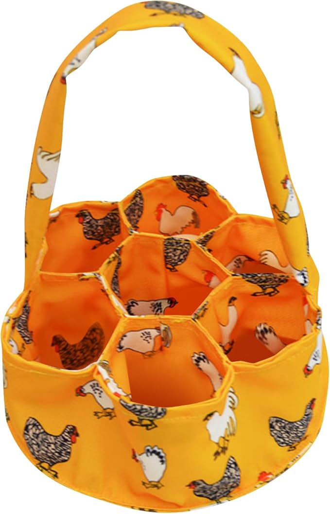 Egg Basket Canvas Collecting Holder with 7 Pouches, Extended Handle, Farm Fresh Egg Carrier for Chicken Duck Goose Eggs, Orange