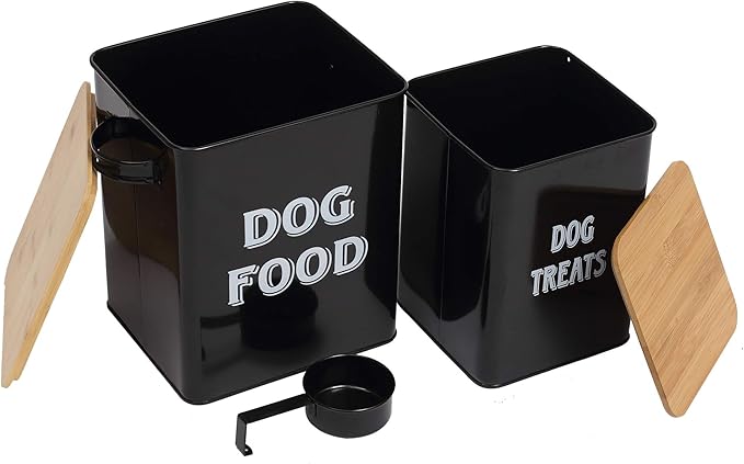 Dog Food Storage Container Farmhouse Pet Food Treats Bin with Lid and Scoop, Perfect Sturdy Canister Tins for Kitchen Countertop, Shelf, Great Gift for Pet Owners - Dog Food - Black