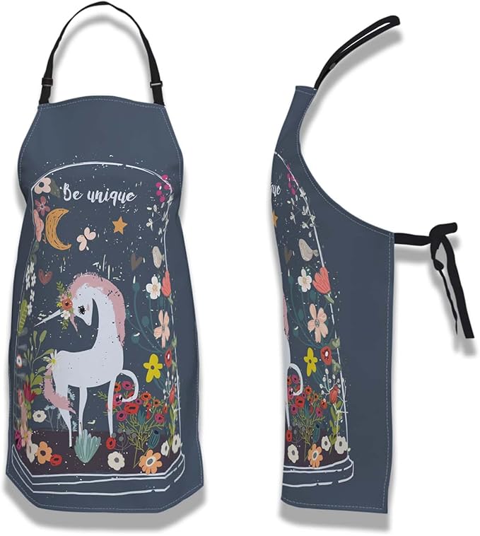 Cook Apron for Men Unicorn Floral Moon Cute Aprons for Women for Kitchen Cooking Restaurant BBQ Painting Crafting 27” (W) x 31” (H), Waterproof Apron