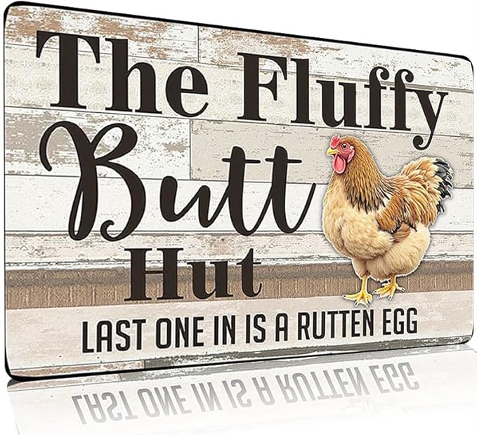 Fluffy Butt Hut Tin Sign Outdoor Decor with Chicken Design for Yard Patio Farmhouse 12x8 Inch