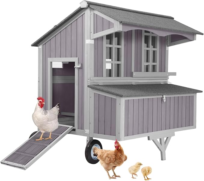 Outdoor Chicken Coops with Large Wheels,Wooden Hen House with 3 Nesting Boxes Leak Proof Pull-on Tray and UV-Resistant Roof Panel