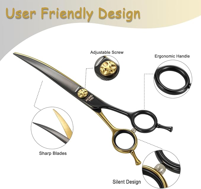 Curved Dog Grooming Scissors 7.5" – Black & Gold 440C Stainless Steel Shears for Precision Face and Body Shaping