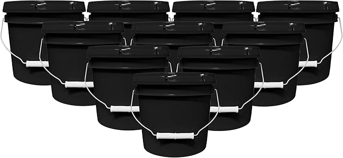 1-Gallon Bucket with Airtight Lid – Made in USA, Food Grade BPA Free Plastic, Heavy Duty Multi-Use, Metal Handle with Grip, Stackable Storage – Black, 10 Pack