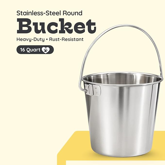 16 quart Heavy Duty Stainless Steel Round Bucket with Handle | 4 gal Sturdy Food & Water Bowl for XL Dog Goat sheep Horse & Livestock | Fits kennel Crate Cages Farm | Hanging Utility Pail