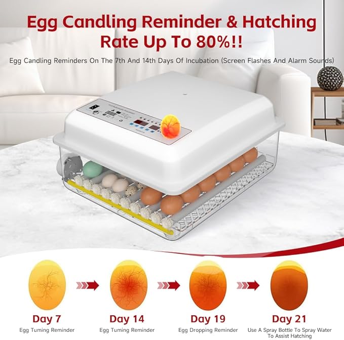36 Egg Incubator with Auto Turner Humidity Monitor,Incubators for Chicken Duck Goose Pigeon – Digital Temperature Control, Built-in Egg Candler – Ideal for Home Farm Industrial Use (White)