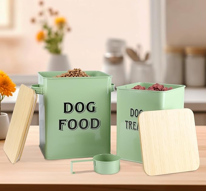 Morezi Dog Food Storage Container Farmhouse Pet Food Treats Bin with Lid and Scoop, Perfect Sturdy Canister Tins for Kitchen Countertop, Shelf, Great Gift for Pet Owners - Dog Food - Green