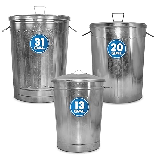 Plexon 31, 20 and 13 Gallon Metal Trash Cans with Lid Set Outdoor Trash Cans Heavy Duty Galvanized Metal Buckets with Lids for Garage Workshop Ash Storage Farmhouse, Bundle