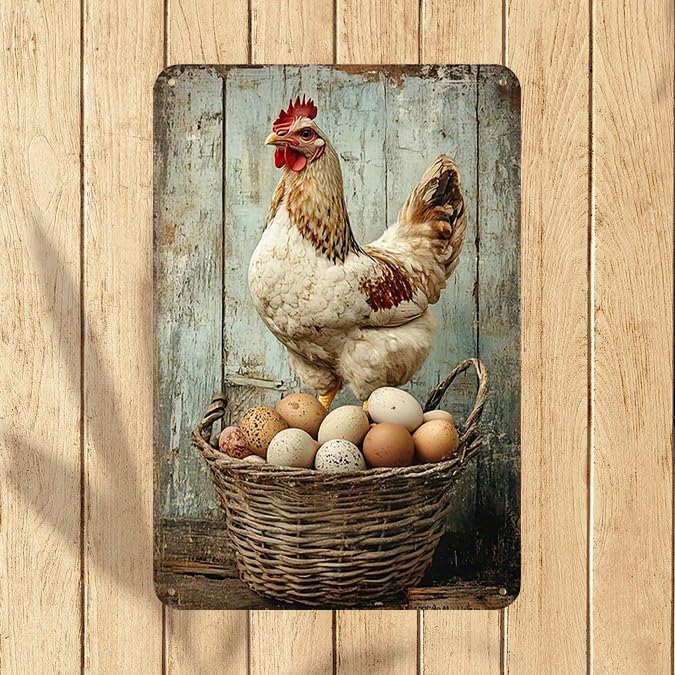 Retro Funny Chicken Tin Sign,Vintage Chicken Coop Metal Poster, Farm Wall Art Decor for Outdoor Home Fence Kitchen Bedroom,Gifts 8×12 Inches (CHICKEN&EGG)