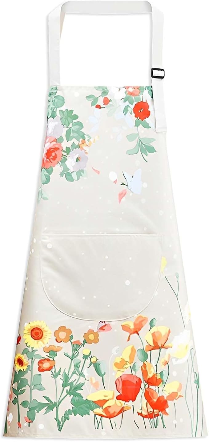Floral Aprons with Pocket Blooming Women Waterproof Apron Adjustable Neck Long Ties Women Men Cook Baking Garden