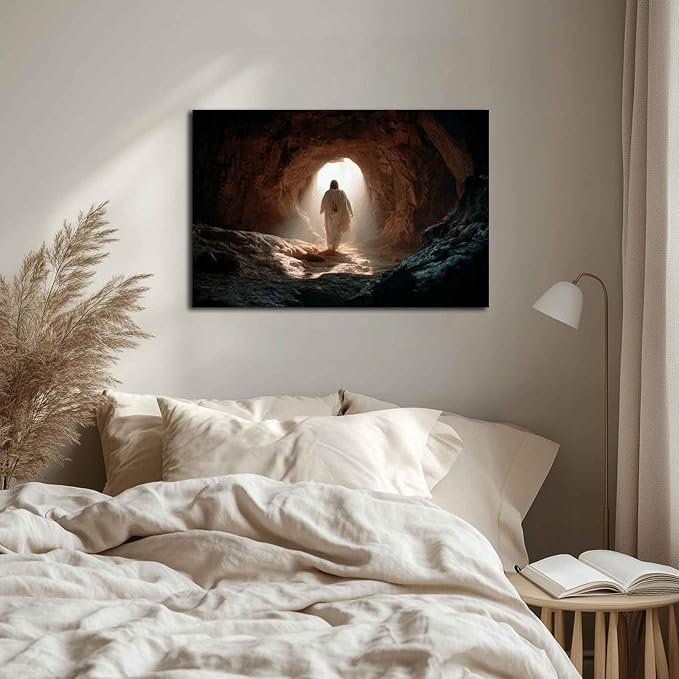 MNFGMH Easter Art Canvas Jesus at the Empty Tomb Religious Spring Easter Poster Christian Wall Decor for Home Wooden Frame 12x18 inch