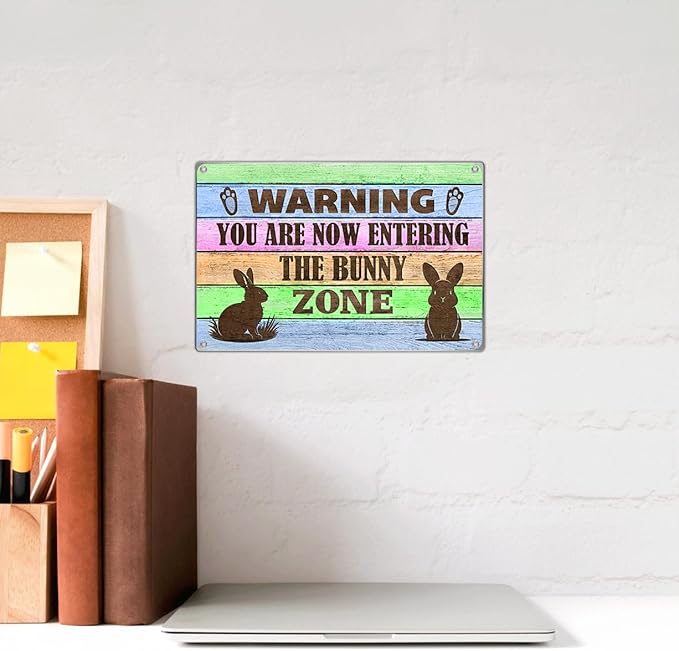 Warning Bunny Zone Metal Sign Funny Rabbit Decor For Lovers And Pet Owners Farmhouse Wall Decoration Easter Accent 12 x 8 Inch Indoor Aluminum Home Vintage Kitchen Art