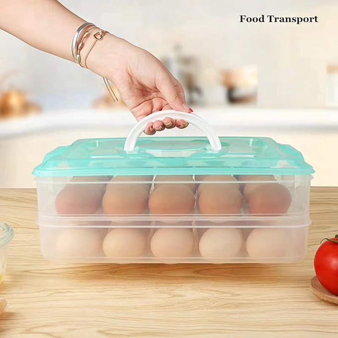 Deviled Egg Tray with Lid, 2-Layer, Stackable Egg Carrier Holder for Refrigerator, Camping Food Storage Container with Handle, Large, 40 eggs (red)