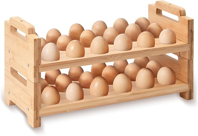 Bamboo Egg Holder Countertop - 2-Tier 18-Egg Stackable Organizer with Screwdriver, Farmhouse Kitchen Storage for Chicken/Duck Eggs