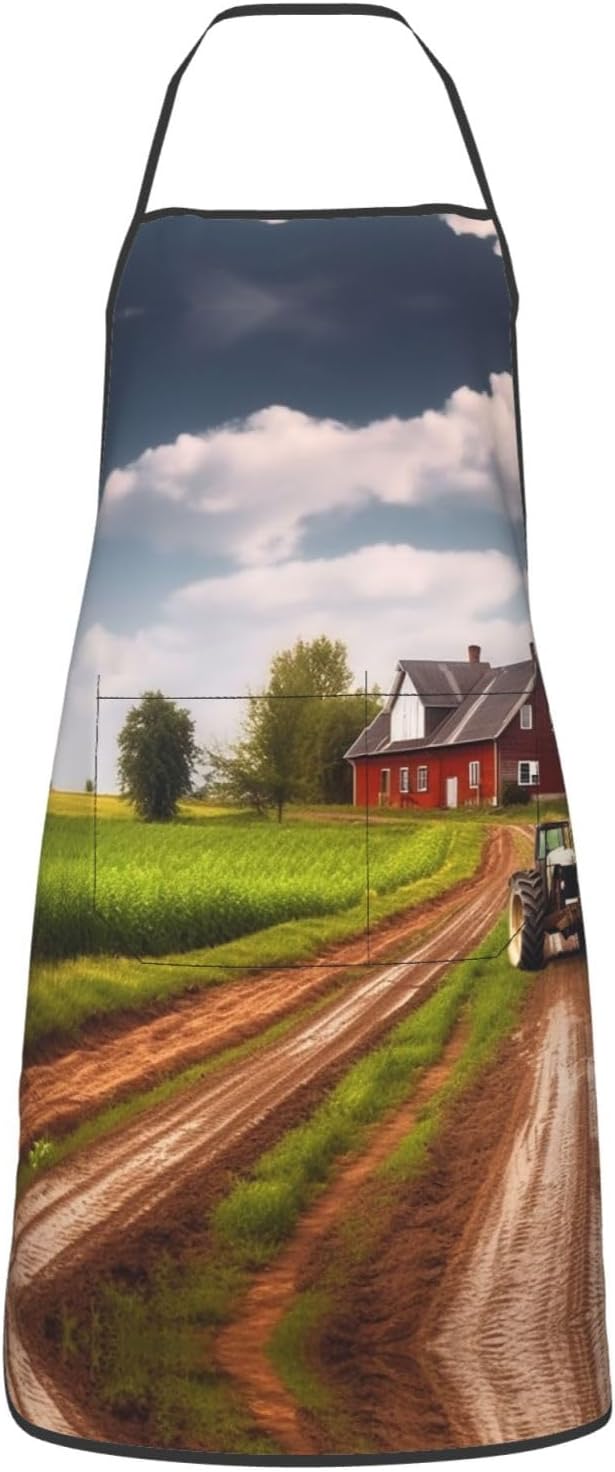 Kitchen Apron For Women Men Waterproof Heat Insulation Cooking Aprons Country Road With Farm And Tractor Bib Apron With Large Pockets For Chefs, Bbq, Baking, Gardening, Salon