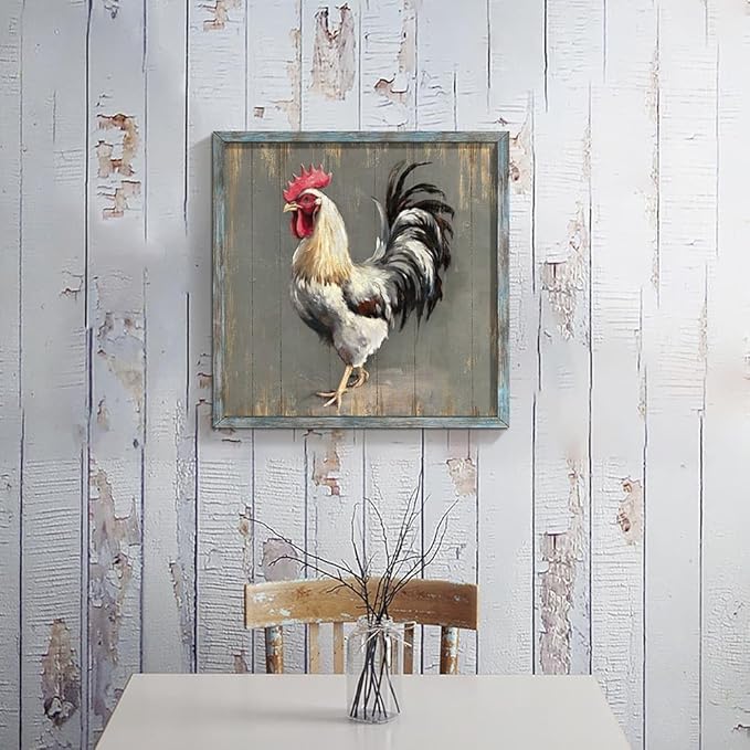 Rooster Wooden Wall Art Decor: Farm Cock Picture Country Animal Framed Artwork Rustic Farmhouse Chicken Painting for the Kitchen Living Room 20"x20"