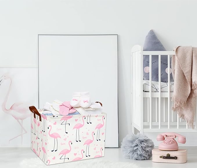 Flamingo Pink Basket Nursery Girl Baby Storage Basket Rectangular Cute Pattern Kids Toy Storage Bin Organizer Book Shelf Basket Baby Girls Flamingo Room Decor(Love Flamingo)