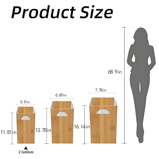 2 Gallon Bamboo-Wooden Trash Can - Rustic Office Waste Paper Basket - Decorative Garbage Bin for Bedroom, Bathroom, Kitchen, Living Room