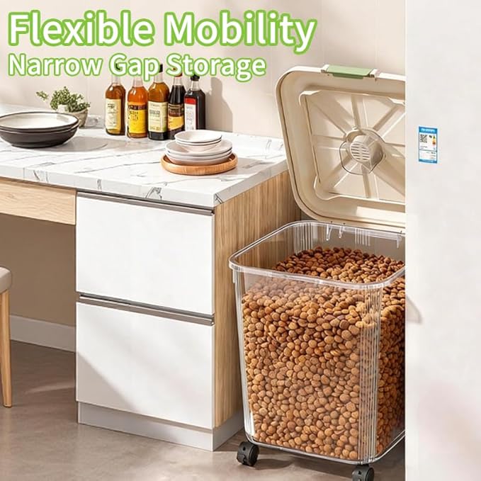 RPZ Large Capacity Pet Food Storage Container with Wheels, Airtight Dog Cat Food Storage Bin for Kitchen Pantry, 10-55 lbs Bulk Dry Food Storage with Built-in Scoop & Locking Lid-25kg