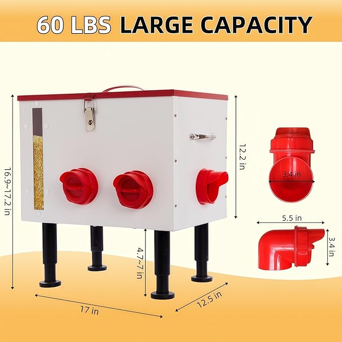60LB Large Automatic Chicken Feeder with Viewing Window, 7 Feeding Ports,Made from Rust-Proof Metal with Adjustable Height Legs and Safety Latch Suitable for Chickens, Ducks