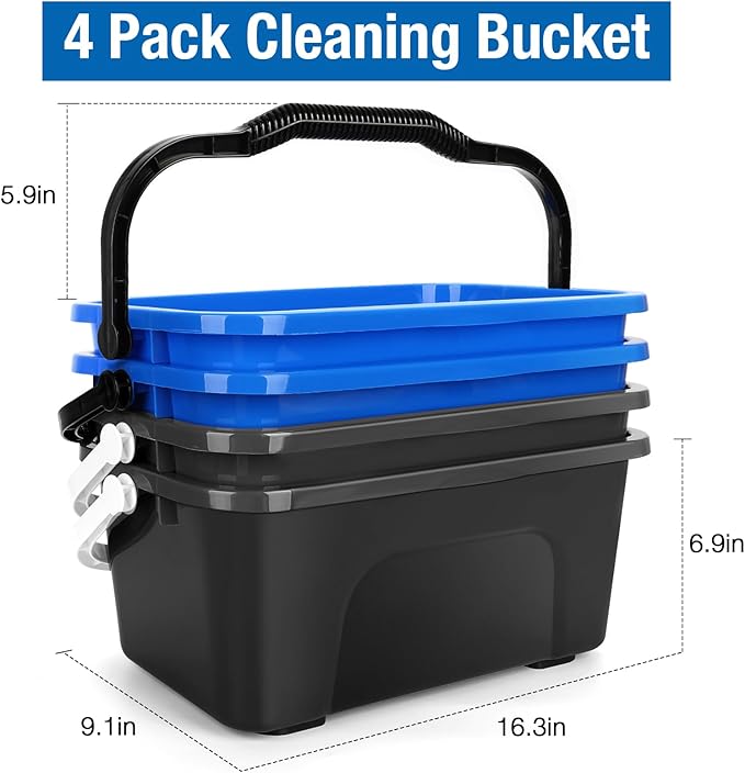 3 Gallon Mop Cleaning Bucket with Handle,4 Pcs Compact Square Plastic Bucket for Window Cleaning,Car Washing, Mopping & Household Cleaning Supplies Organizer Wash Water Bucket for Storage Blue Grey