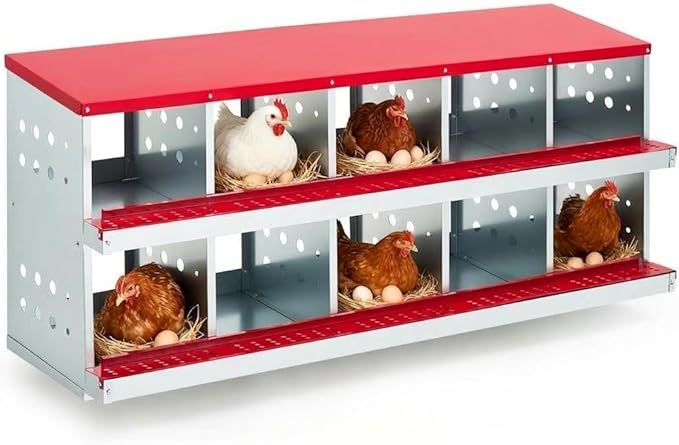 Heavy Duty Metal Chicken Nesting Box – 10 Compartments, Rollaway Egg Collection, Breathable Holes, Resting Platform, Lid, Wall Mounted/Floor Use, Easy Clean, Red, 160×48×71cm, with Cover