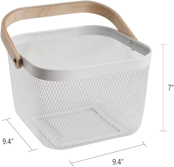 Metal Mesh Steel Harvest Basket, Square Wire Garden Basket with Handle – Multi-Functional Storage Organizer for Gathering Vegetables, Fruits, Kitchen, Garden, Picnic & Cabinet (White)