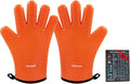 Silicone BBQ Cooking Gloves with Meat Smoker Guide，Heat Resistant Oven Mitts with Fingers，Long Protective Cotton Lined Barbecue Grilling Gloves 1 Pair for Kitchen, Cooking, and Baking Gifts (Orange)