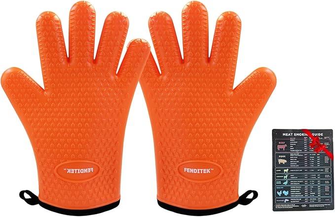 Silicone BBQ Cooking Gloves with Meat Smoker Guide，Heat Resistant Oven Mitts with Fingers，Long Protective Cotton Lined Barbecue Grilling Gloves 1 Pair for Kitchen, Cooking, and Baking Gifts (Orange)
