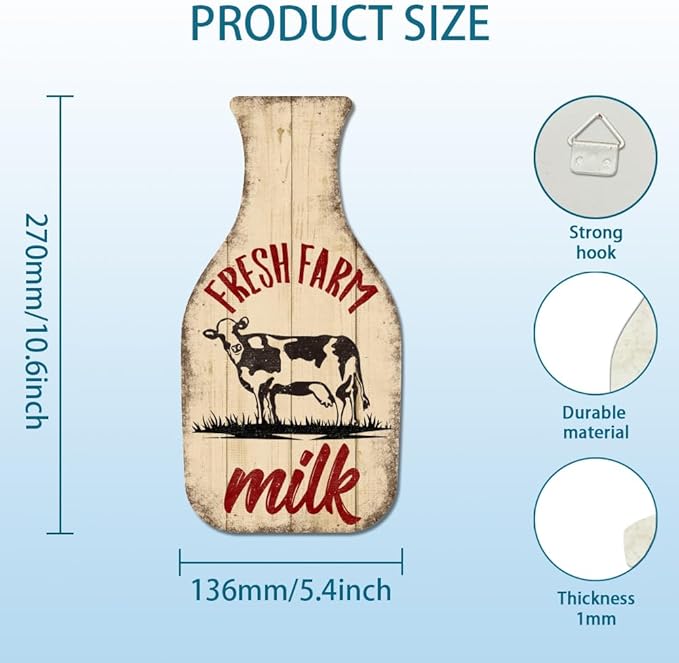 GLOBLELAND "Fresh Farm Milk" Vintage Metal Tin Sign 10.6x5.4inch Retro Milk Bottle Plaque Poster Cow Metal Wall Decorative Tin Signs for Home Kitchen Restaurant Coffee Shop Club Bar Decoration