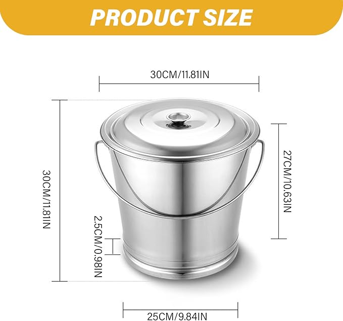 Stainless Steel Bucket with Lid, 8L Stainless Steel Compost Bin, Large Capacity Food Storage Containers, Portable Metal Bucket with Handle for Rice Flour Grain