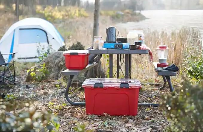 Professional Heavy Duty Waterproof Stackable Plastic Storage Container with Hinged Lid, Red, Rectangular, (20 Gal)