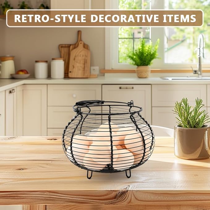 Chicken Wire Egg Basket for Gathering Fresh Eggs,Vintage Chicken Egg Collecting-Basket with Handle,Farmhouse Metal Wire Eggs Holder-Basket for Easter Christmas Kitchen DecorBlack)