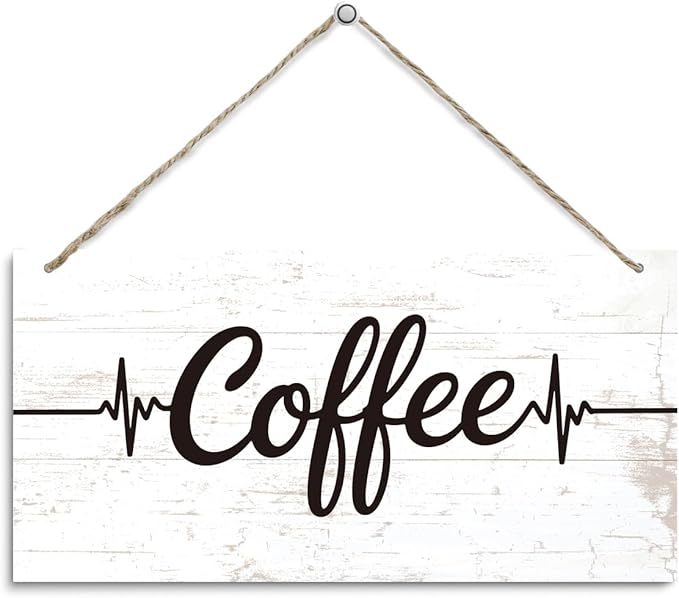 Coffee Bar Wooden Hanging Decor, Coffee Heartbeat Frequency Decoration Sign, Vintage Kitchen Decor, Wood Grain Retro Sign, Cafe Decoration with Rope Hanging 12 x 6 Inches