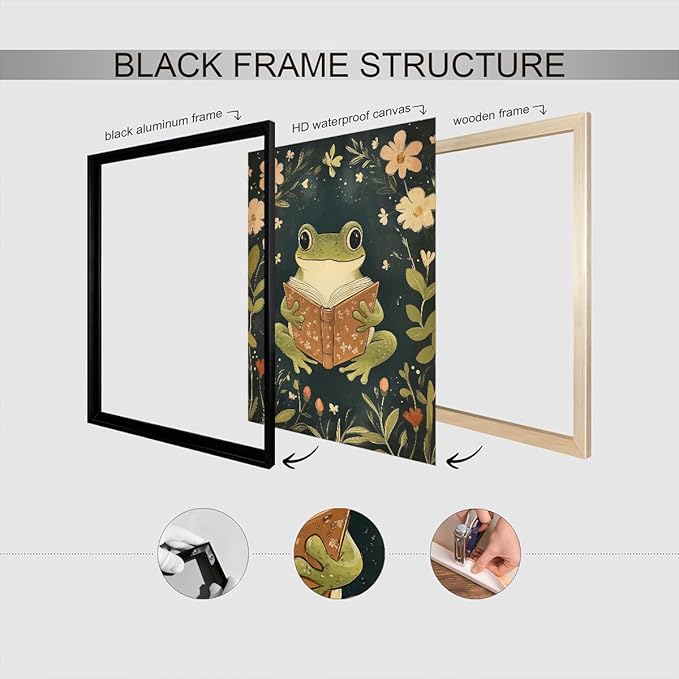 Frog Canvas Wall Art, Green Frog Reading A Book Poster, Rustic Nursery Animal Painting, Cozy Folk Art Print, Farmhouse Botanical Floral Painting for Kids Room 24x36in Unframed