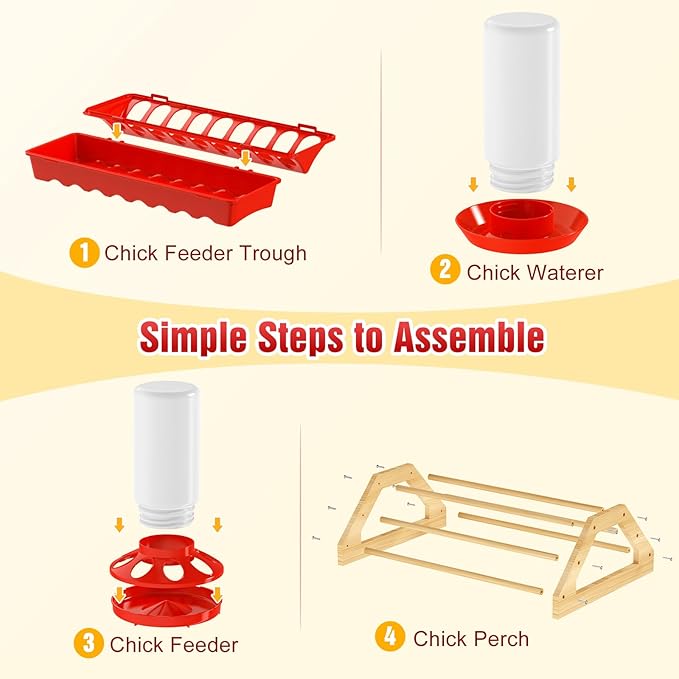 Pawaboo 7-in-1 Chicken Brooder Box for Chick Starter Kit, Includes Chicks Perches, Chicken Feeders, Chick Waterers, Chickens Feeding Spoon, Chicks Supplies (Brooder Set), Red + Wood Color