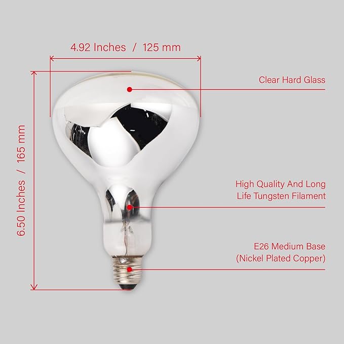 Incandescent R40 Reflector Infrared Lamp, Explosion Proof Clear Glass, E26 Base, Heat Lamp Bulb 250W for Reptiles, Turtles, Pets, Calves and Lambs, Chicks and Bathroom, 2 Pack (R40INC)