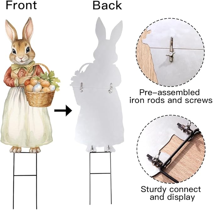 Easter Decorations Outdoor Yard Signs: 2pcs Large Metal Vintage Bunny with Carrot Eggs, Farmhouse Rustic Yard Decoration with Stakes, Lawn Garden Decor for Kids Family Home Outside Spring Easter Party
