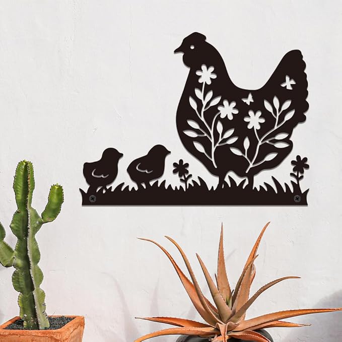 WADORN Metal Farmhouse Hen Wall Art Decor, Farmhouse Chicken Coop Metal Wall Art Hanging Decor Signs for Home Chicken Wall Sculpture Statues Decor for Dining room Porch Bedroom, 10.9x11.81 Inch, Hen