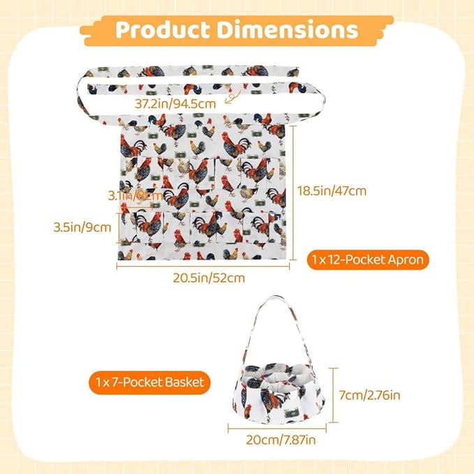 Egg Collecting Apron & Basket, Canvas Set With 12-Pocket Apron And 7-Pocket Basket, Perfect For Collecting Eggs From Chickens, Ducks, Geese