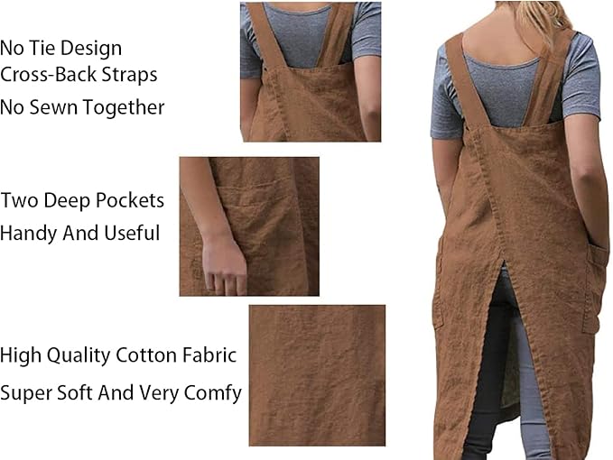 Women's Pinafore Apron Cross Back Apron with Pockets Cotton Linen Apron Dress Plus Size