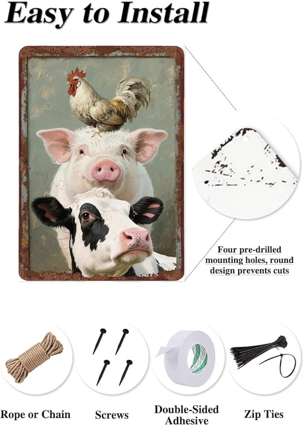 Metal Signs A Pig Cow Chicken Vintage Tin Sign for Home Office Kitchen Bar Cafe Garden Farmhouse Chicken Coop Wall Decor 12x8 Inch