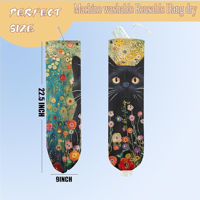 Cat Plastic Bag Holder, Wall Mount Grocery Bag Holder for Plastic Storage bag, Floral Storage Organizer Reusable Grocery Bags, Pull Rope Free Adjustment, Cat Lover Gifts for Women Mom Sister