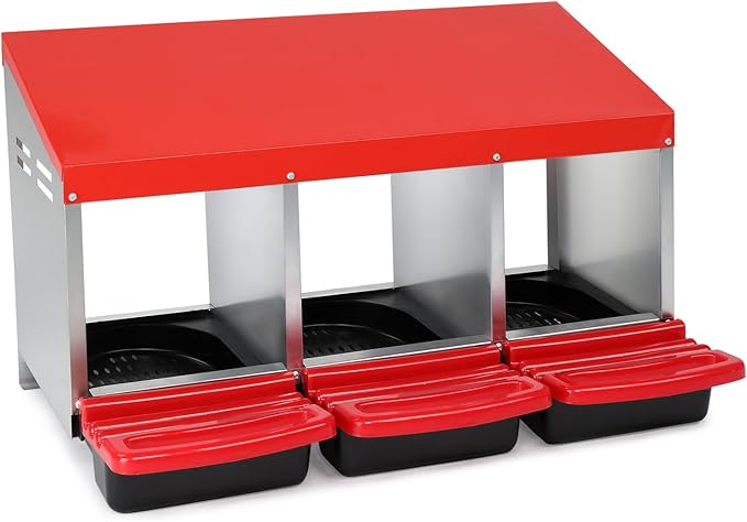 Chicken Nesting Boxes Plastic with Roll Away Egg,3 Compartment Roll Out Chicken Nest Box Egg Laying Box with Lid Cover,Rolling Egg Collection & Protection Chicken Coop for Up to 3 Hens,Red