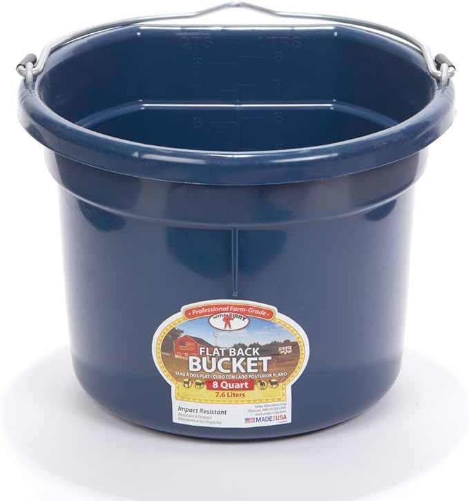 Little Giant® Flat Back Plastic Animal Feed Bucket | Animal Feed Bucket with Metal Handle | Horse Stall Feeding and Watering Supplies (Navy, 8 Quart)