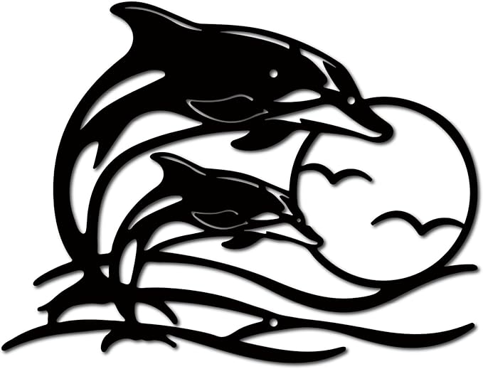 CREATCABIN Dolphin Sunset Metal Wall Art Coastal Seagull Black Iron Wall Silhouette Decor Modern Abstract Hanging Sculpture Ornament Art Plaque for Hotel Bedroom Housewarming Gifts 11.8 x 9 inch