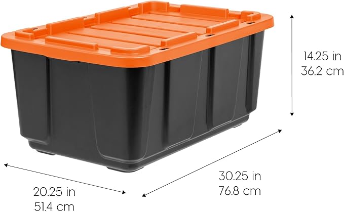 IRIS USA 4-Pack 27 Gallon Storage Bins with Lids |Made in USA| Heavy Duty Plastic Tote Containers for Truckbed Tool Box Organization, Large - Orange