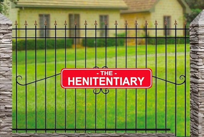 The Henitentiary Sign Chicken Coop Rustic Metal Street Sign or Door Name Plate Plaque Home Patio Garden Bar Farm House Garage Wall Decor Red Tin Signs 16 X 4 Inch