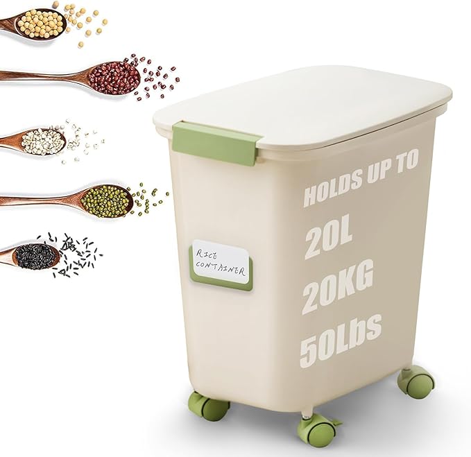 LivLab Mker Large Rice Storage Container 30-40 lbs, Airtight Dry Food Storage Bin with Lids, Great for Pet/Cat/Dog Food Storage Dispenser 25 lbs, Detachable wheels, Easy Mobility, BPA Free, Green