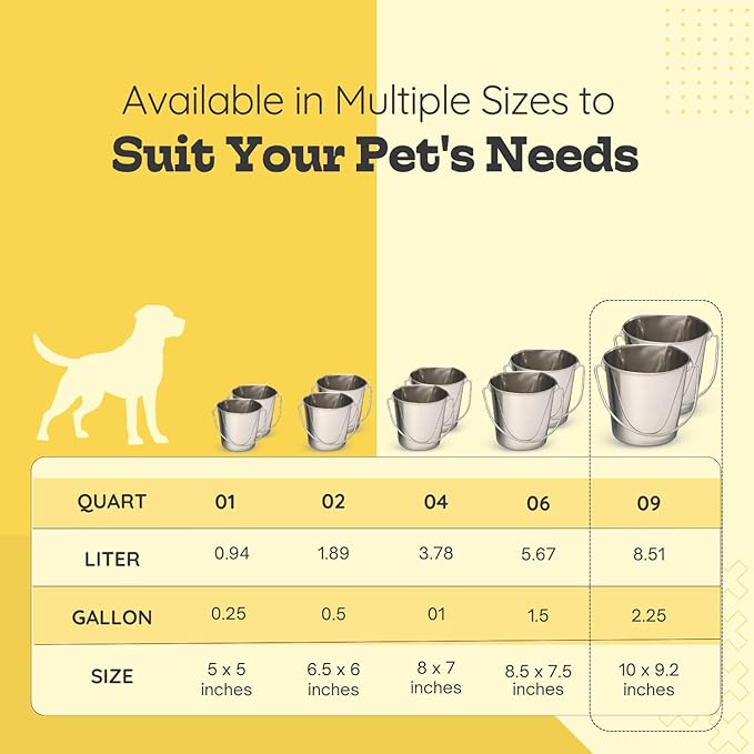Flat Side Stainless Steel Bucket 9 Quart Hanging Feeding Utility Pail for XL Dog Goat Sheep Horse Livestock, Fits Kennel Cage Farm, Heavy Duty Food & Water Feeder, 2.25Gallon Silver 2Pack